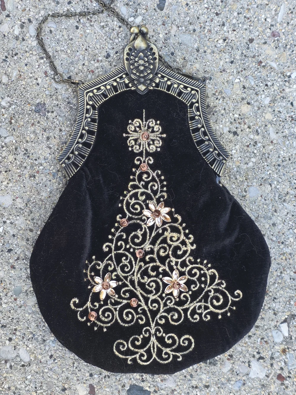 Black Velvet Embroidered Christmas Tree Evening Bag Chain Purse